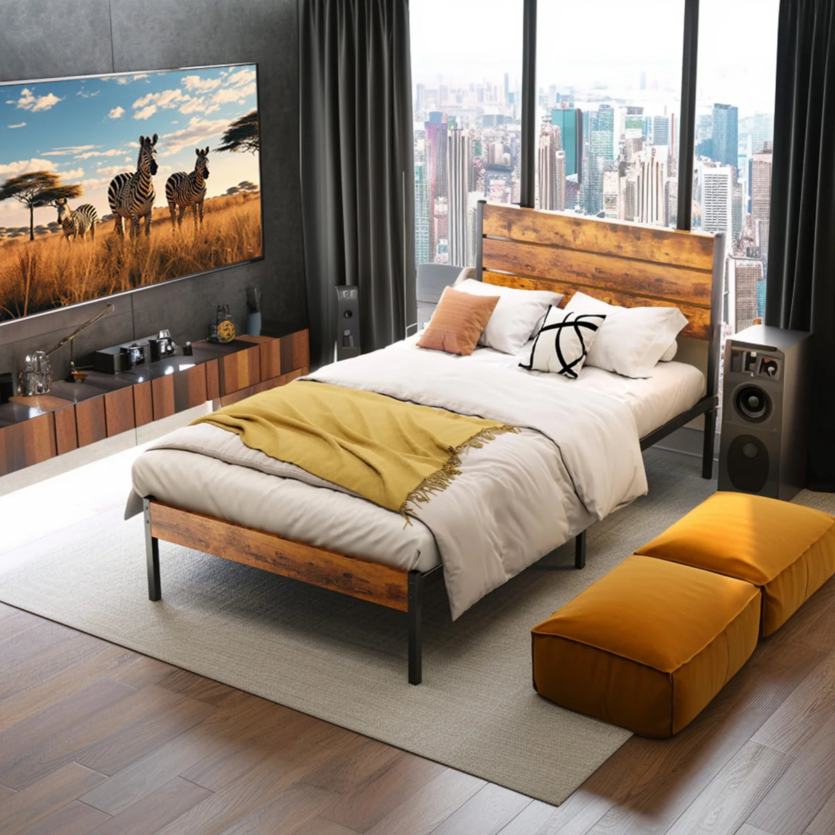 Queen Size Metal Platform Bed Frame with Headboard and Footboard with 800LBS Sturdy Wooden Slats Support for Bed Room Home