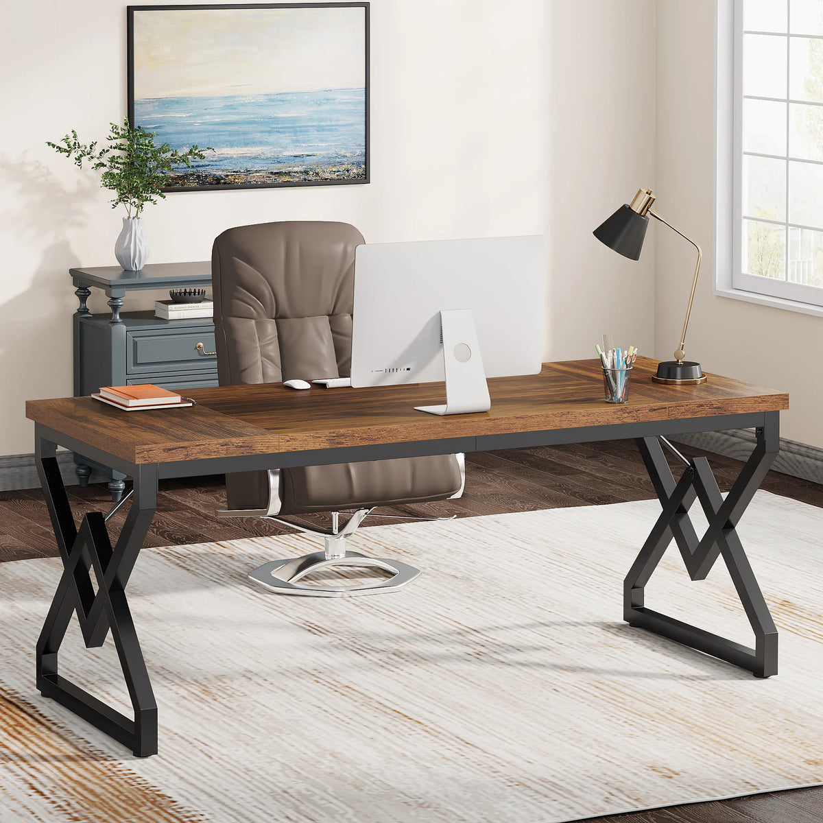 63" Large Industrial Executive Desk with Extra Thickened Tabletop & Metal Frame, Heavy-Duty Home Office Desk