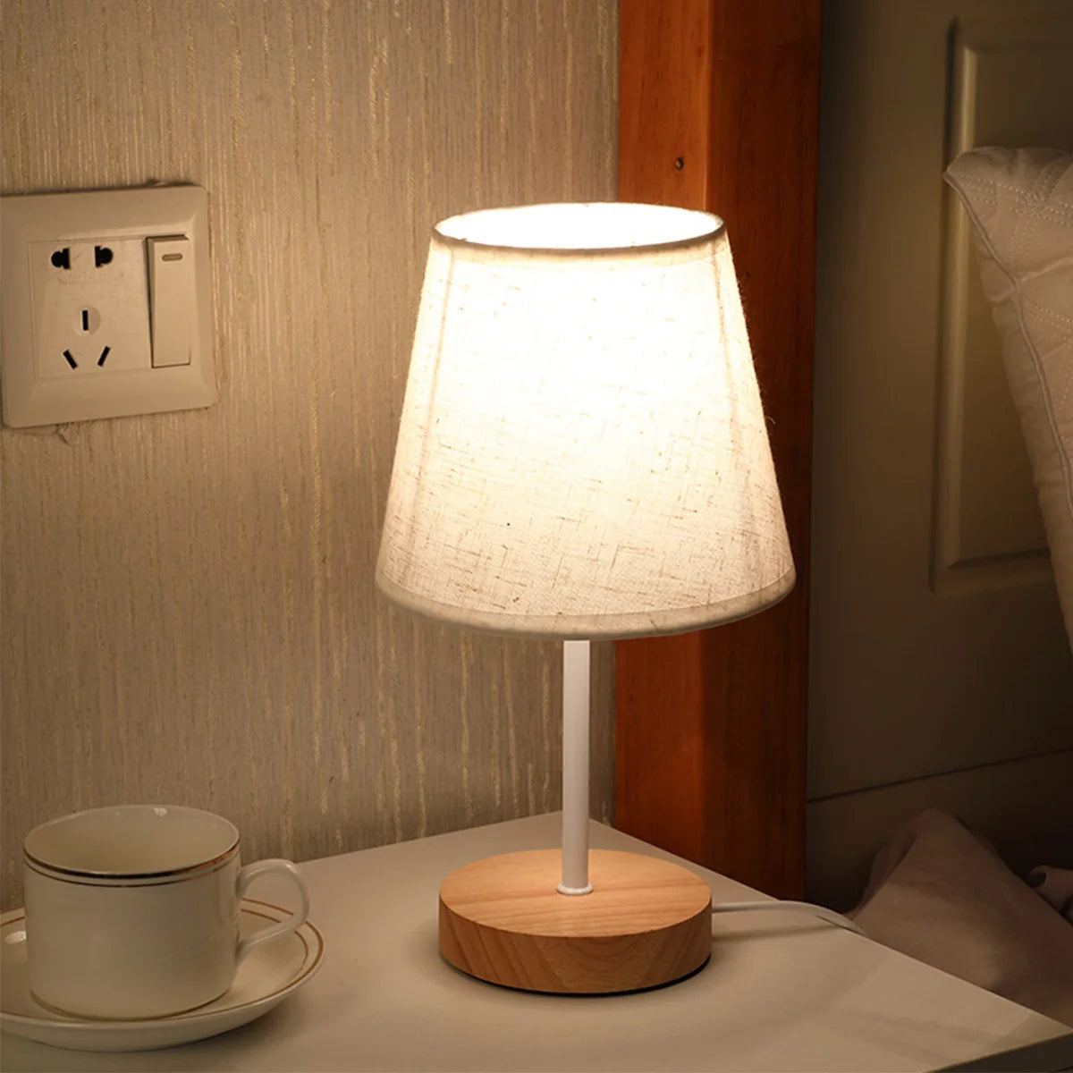 White Wooden USB Nightstand Lamp