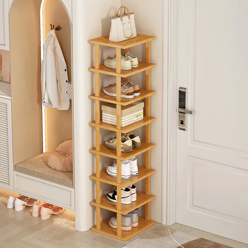 Vertical Shoe Rack - Tall Narrow Shoe Rack Organizer for Small Spaces, Bamboo Shelf for Entryway, Closet, Corner, Doorway